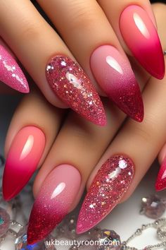 21 Pink Nail Ideas for a Gorgeous Manicure in 2024 May Nails Ideas Almond, Red And Pink Glitter Nails, Pink Nails With Sparkle, Light Red Nails, Red And Pink Nails, Kid Nails, Birthday Nails Ideas