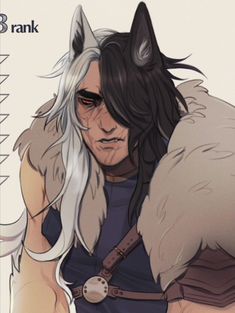 an image of a man with white hair and black eyes holding a wolf's tail