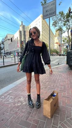 Black Babydoll Dress Outfit Fall, Black Dress And Docs Outfit, Black Boot Dress Outfit, Doc Martin With Dress, Docs Sinclair Outfit, Sinclair Docs Outfit, Doc Marten Jadon Boots Outfit, Doc Martens Outfit Fancy, Summer Outfit With Doc Martens