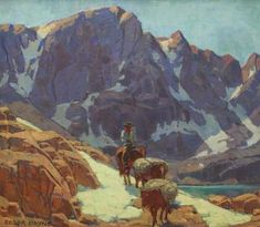 a painting of two men riding horses on a snowy mountain trail with mountains in the background