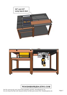 the plans for a workbench are shown in two different positions, including one with tools