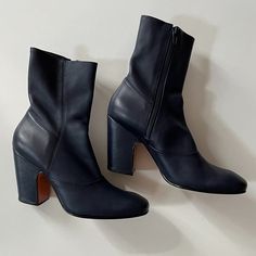 Rachel Comey Saco Boots In Navy Kidskin Leather With Matching Zipper. 3-1/4” Heel. 8-1/2” At Shaft Opening. Worn A Couple Of Times. Uppers Are In Perfect Condition. 6.5 - Runs True, Though Narrow Rachel Comey, Shoes Heels Boots, Shoes Women Heels, Heeled Boots, A Couple, Shoes Heels, Color Blue, Size 6, Women Shoes