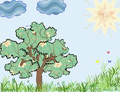 a drawing of a tree in the grass under a blue sky with sun and clouds