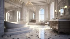 an ornate bathroom with marble floors and walls