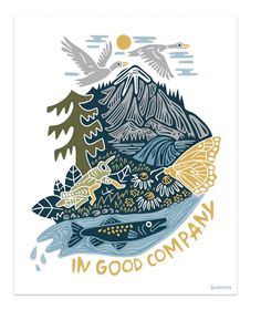 a poster with the words i'm good company in gold and blue on it