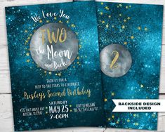 two to the moon and back birthday party card