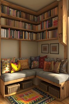 a room with a couch, bookshelf and rug