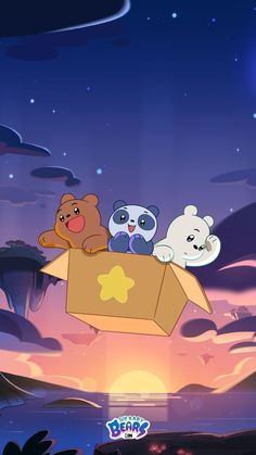 three bears are sitting on top of a cardboard box in the sky above some water