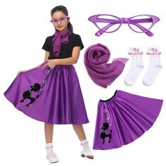 PRICES MAY VARY. 🧣 Kids Sock Hop Outfit Included---A girls poodle skirt, a pair of glasses frames, a soft silky scarf, and a pair of lace white socks. This girls 1950s costume dress does not include a top, but this poodle skirt is very versatile, it could be matched with t-shirts, jackets, sweaters, shirts etc, just as your girls like. 🧣 Fabric & Details Of The Sock Hop Costume---The poodle skirt is made of 100% polyester fibre, high-quality materials and looks shiny. The 1950s dress is featur Kids Sock Hop Outfit, Skirt With Scarf, Sock Hop Outfits, Girls Poodle Skirt, Sock Hop Costumes, 1950s Poodle Skirt, Poodle Skirt Costume, Poodle Pattern, Poodle Skirt Outfit