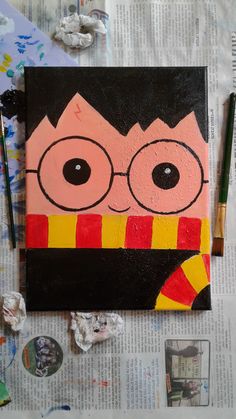 a piece of art that looks like a harry potter character with big eyes and glasses