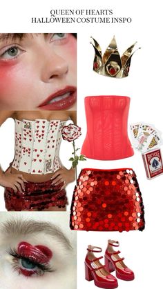 a collage with red and white accessories including a corset, lipstick, eyeliner