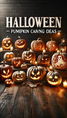 halloween pumpkin carving ideas on wooden table with brick wall and lantern lights in the background