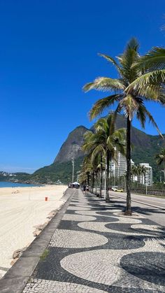 palm trees line the beach in front of a white sand and blue water with mountains in the background