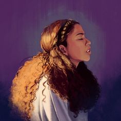 a painting of a woman with long curly hair wearing a white shirt and braids