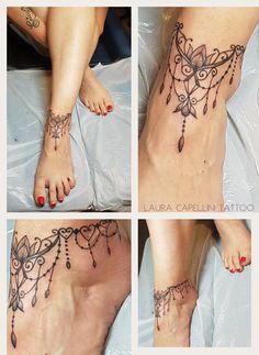 four pictures show different tattoos on the legs and feet, with one woman's foot in