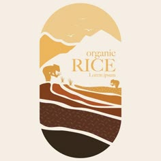 the organic rice logo is shown with an elephant and mountains in the background, as well as