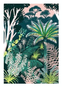 an image of a jungle scene with palm trees and other plants in the foreground