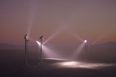 three spotlights are lit up in the desert