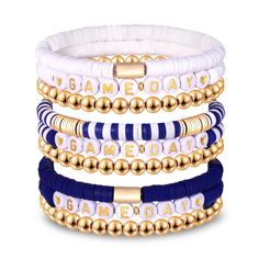 PRICES MAY VARY. Show off your team spirit with this game day bracelets,it features a set of 9 heishi beaded bracelets,adorned with 6mm blue and white polymer clay vinyl disc beads and with White & Gold Letter Beads spelling "GAME DAY",Wear these white blue team color bracelets with your favorite team game day outfits to complete your game day look in style The white blue game day bracelets design adds a pop of energy and flair to your game day ensemble. These colors are synonymous with team spi Gameday Bracelets, Team Spirit Wristband With Letter Beads For Game Day, Football Team Clay Bead Bracelets, Team Spirit Personalized Bracelets For Game Day, Multicolor Team Spirit Beaded Bracelets For Game Day, Team-colored Sports Bracelets With Letter Beads, Sports Fan Accessories, Fan Bracelet, Team Bracelets