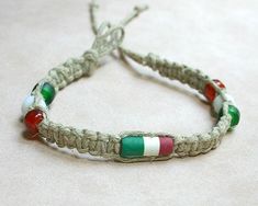 Hemp Bracelet with Italian Flag Beads - sunnybeachjewelry Beaded Bracelet Ideas, Flag Bracelet, Flag Beads, Fimo Beads, Hemp Bracelet, Beaded Jewelry Bracelets, Diy Beaded Bracelets, Hemp Jewelry, Hemp Necklace