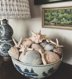 a blue and white bowl filled with seashells next to a lamp