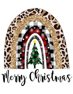 a merry christmas card with a leopard print arch and a tree on the front, surrounded by snowflakes