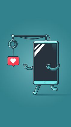 an illustration of a cell phone being hooked up to a hook with a heart on it