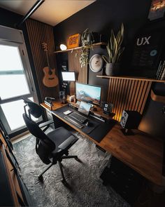 a desk with a computer and guitar on it