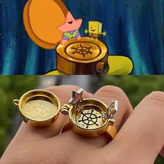 two rings that have been placed on top of each other in front of a cartoon character