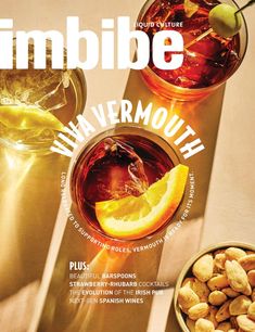 a magazine cover with two drinks and nuts on the table next to eachother