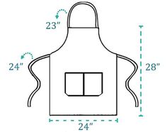 an apron with two windows and measurements for the front, back and side pockets on it