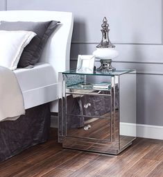 Nysa Mirrored & Faux Crystals Accent Table - Ornate Home Glass Nightstand, Drawer Construction, Contemporary Nightstand, Floor Shelf, Wooden Nightstand, Ornate Furniture, 2 Drawer Nightstand, Acme Furniture, Glass Floor