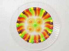 a plate that has some candy on it and is decorated with multicolored candies