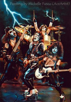 the band kiss performing on stage with their guitars