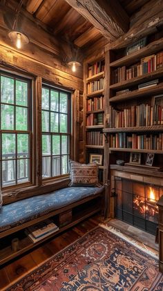 a living room with a couch, fireplace and bookshelf filled with lots of books