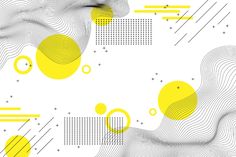 an abstract yellow and white background with lines, circles and dots in the shape of waves