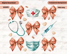 an image of medical items with bows and hearts around them on a wooden background, including a stethoscope