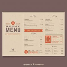 a restaurant menu with an orange and white design