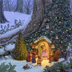 there is a christmas scene in the woods with many animals and people around it, all dressed up