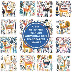 a set of 30 png folk art whimsical deer transparente images