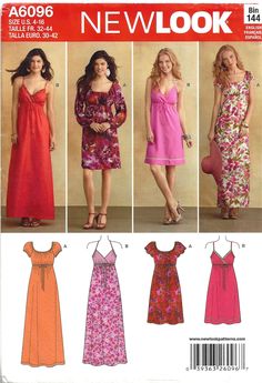 the new look sewing pattern is shown in three different styles, including dresses and slippers