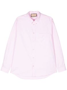 light pink cotton signature Double G logo embroidery button-down collar long sleeves with buttoned cuffs chest patch pocket curved hem front button fastening Gucci Cotton Shirt For Work, Classic Gucci Cotton Shirt, Gucci Button-up Shirt For Spring, Gucci Formal Button-up Shirt, Gucci Cotton Long Sleeve Shirt, Gucci Cotton Shirt For Workwear, Gucci Spring Button-up Shirt, Spring Gucci Button-up Shirt, Gucci Cotton Shirt For Spring