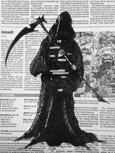 an image of a man holding two swords in front of a newspaper page with words on it