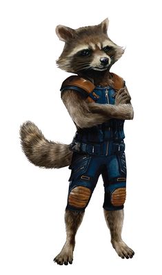 a drawing of a rocket raccoon with his arms crossed and wearing blue overalls