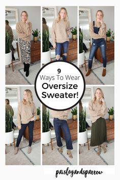 Here are 9 cute ways to wear an oversized sweater! Dress it up with a skirt or go casual with ripped jeans or overalls. How To Dress Up A Sweater And Jeans, Heavy Sweaters Outfits, Dress Up A Sweater, How To Wear Long Sweaters, Oversized Sweater With Jeans, Jeans And Sweaters Outfit, How To Wear Big Sweaters, Styling An Oversized Sweater, Wearing A Sweater Over A Dress