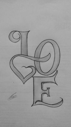 a drawing of the word love with hearts and an e on it's side