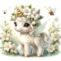 a cute little unicorn with flowers on her head and a bee flying over it's back