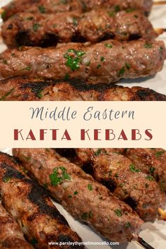 grilled meat on skewers with parsley in the middle and text middle eastern kafta kebabs