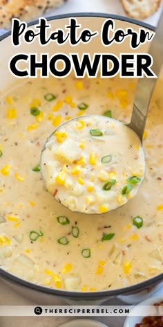 a bowl of potato corn chowder with a spoon in it