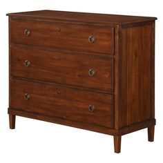 a wooden dresser with three drawers and two handles